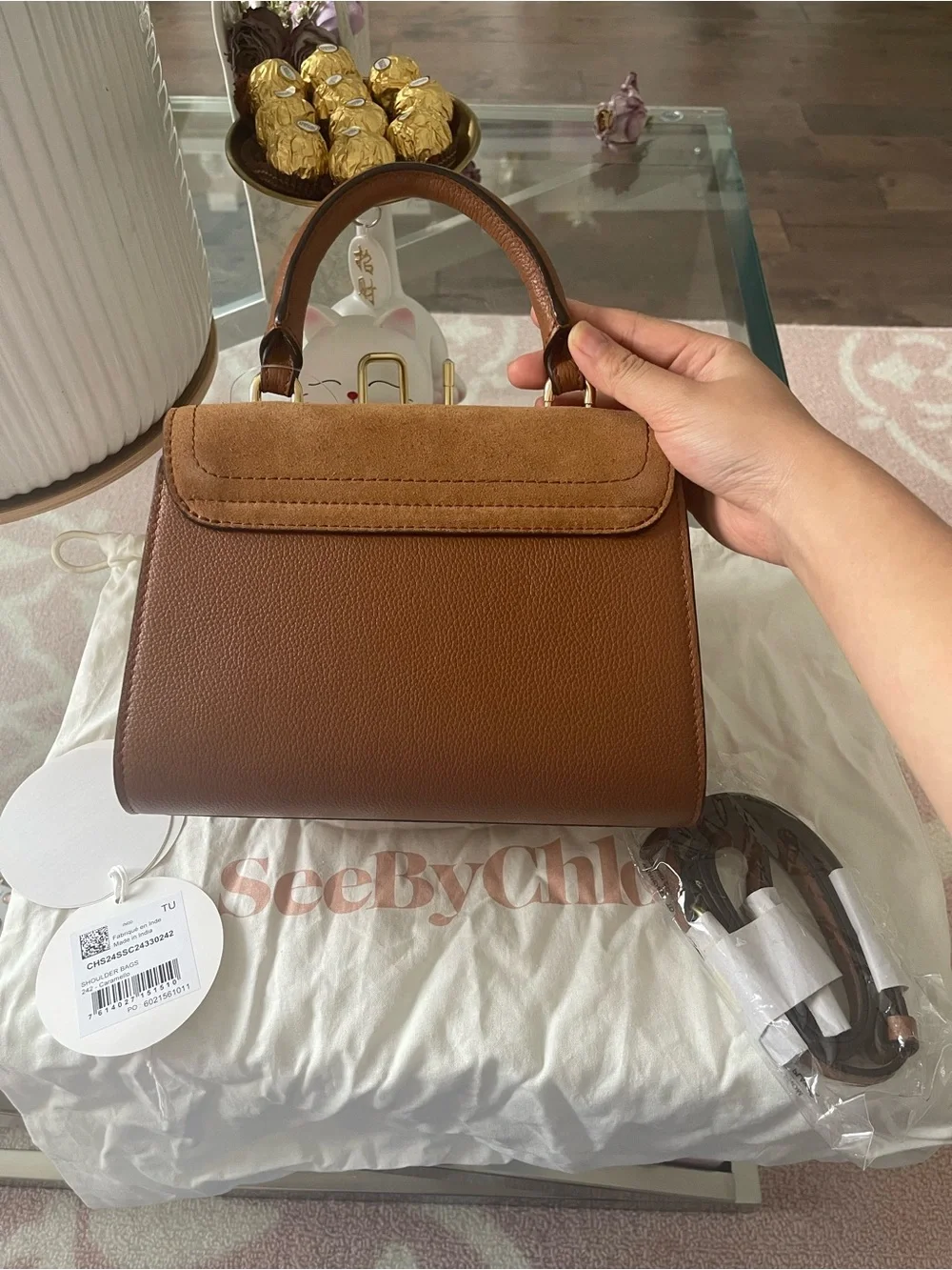 NWT See By Chloé Brown Suede & Leather Top-Handle Satchel with Braided Ring